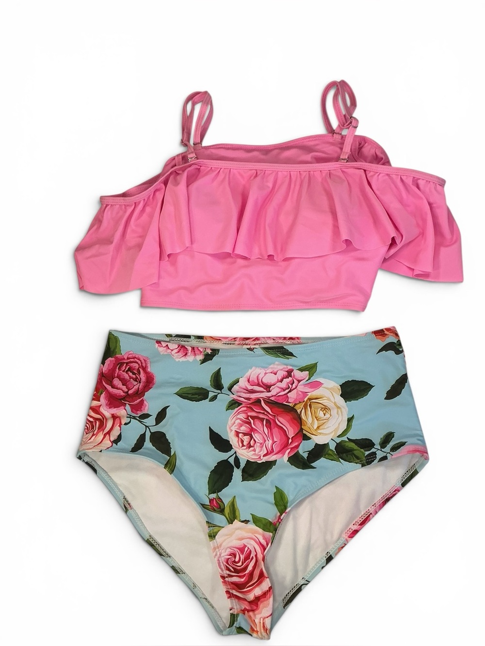 Pink Off-Shoulder Bikini Top w/ Floral High-Waist Bottoms NEW WITHOUT TAGS SZ L
